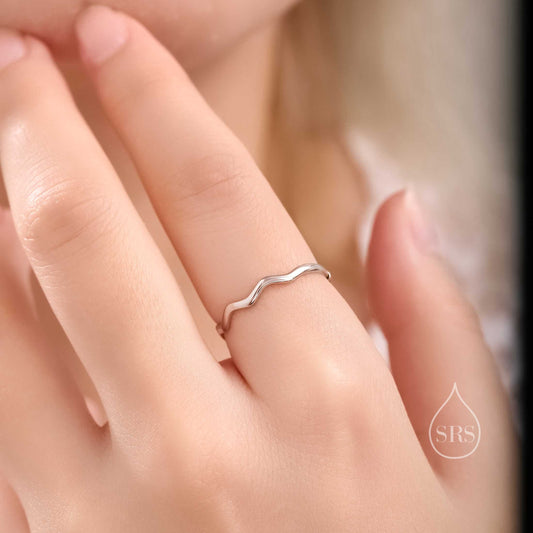 Sterling Silver Skinny Wave Ring, Adjustable Size, Delicate Minimalist Ring