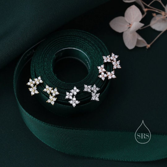 Tiny Hydrangea Bouquet CZ Stud Earrings in Sterling Silver, Silver, Gold or Rose Gold, Three CZ Flower Earrings, CZ Cluster Earrings