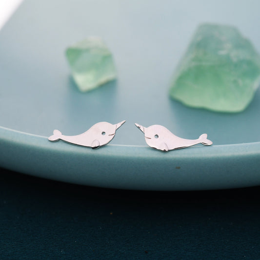Narwhal Unicorn Whale Stud Earrings in Sterling Silver,  Cute Fun Quirky, Gift for Her, Animal Lover, Nature Inspired, Nautical Fish Ocean