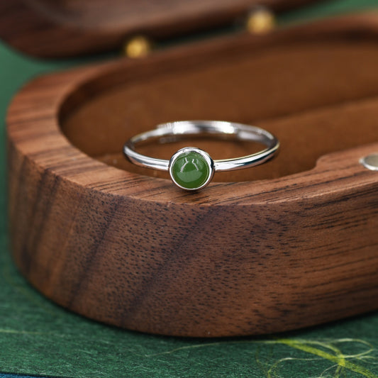 Minimalist Genuine Jade Ring in Sterling Silver,  4mm Bezel Set Natural Jade Ring, Adjustable Size, Jasper Jade Ring