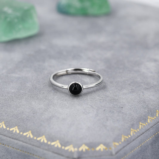 Minimalist Genuine Black Onyx Ring in Sterling Silver,  4mm Bezel Set Natural Black Onyx Ring, Adjustable Size, Black Onyx Ring