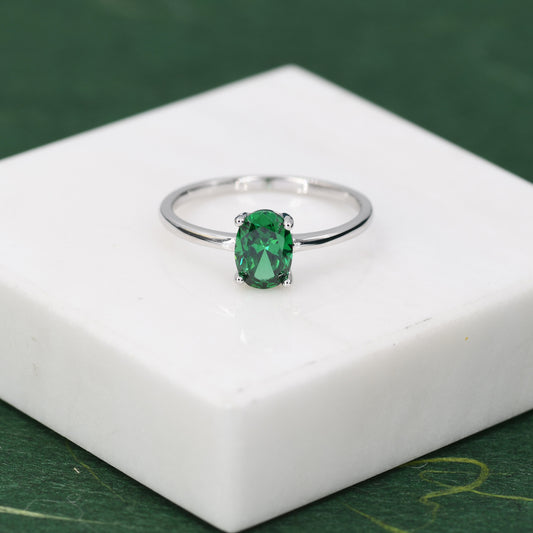 1 Carat Emerald Green CZ Oval Cut Ring in Sterling Silver, 5x7mm Green Zircon Ring, US Size 5-8, Green Oval Ring, May Birthstone