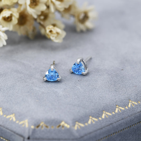 Trillion Cut Aquamarine Blue CZ Stud Earrings in Sterling Silver, Silver or Gold, Trillion Cut Zirconia Earrings, Double Pronged, Tiny Stud