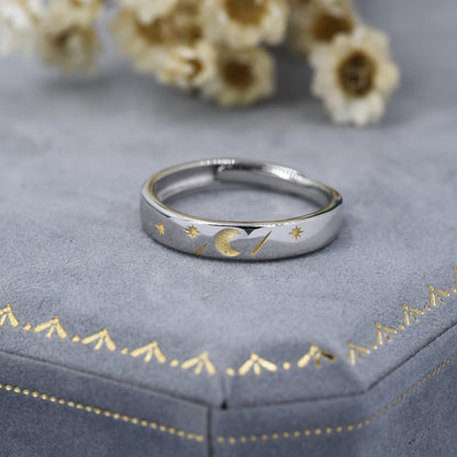Sterling Silver Moon and Star Ring with Gold Plating, Shooting Stars, Adjustable Size, Celestial Jewellery, Simple Band, J63