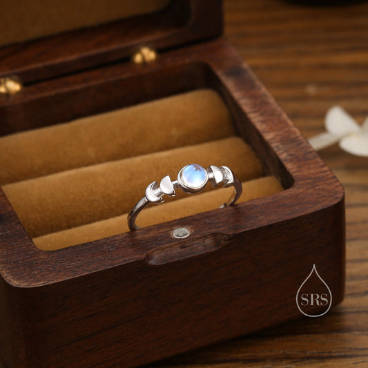 Sterling Silver Moon Phase Ring with Simulated Moonstone, Adjustable Size, Celestial Jewellery, Dainty and Delicate, Moon Ring