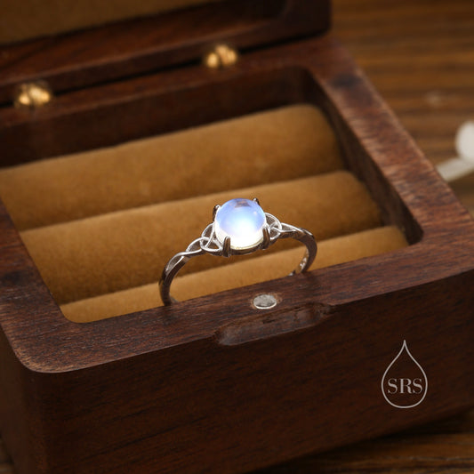 Sterling Silver Celtic Knot Ring with Simulated Moonstone, Adjustable Size, Celestial Jewellery, Dainty and Delicate, Moon Ring