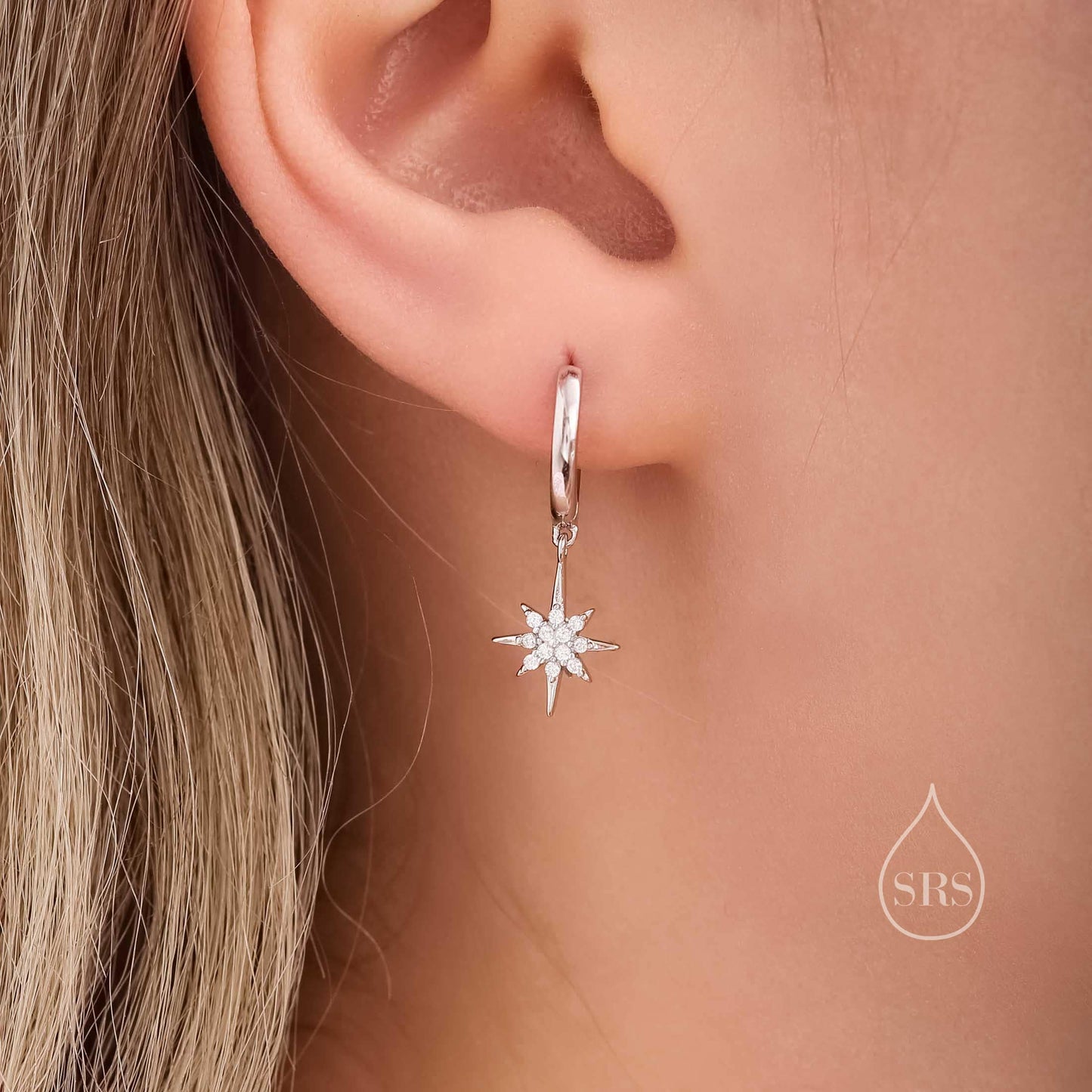 Starburst Huggie Hoop Earrings in Sterling Silver with Dangling Star Burst Charms, Celestial Geometric Design