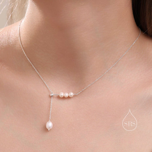 Natural Freshwater Pearl Lariat Necklace in Sterling Silver, Silver or Gold , Adjustable Length, Lariat Necklace,  Satellite Beaded