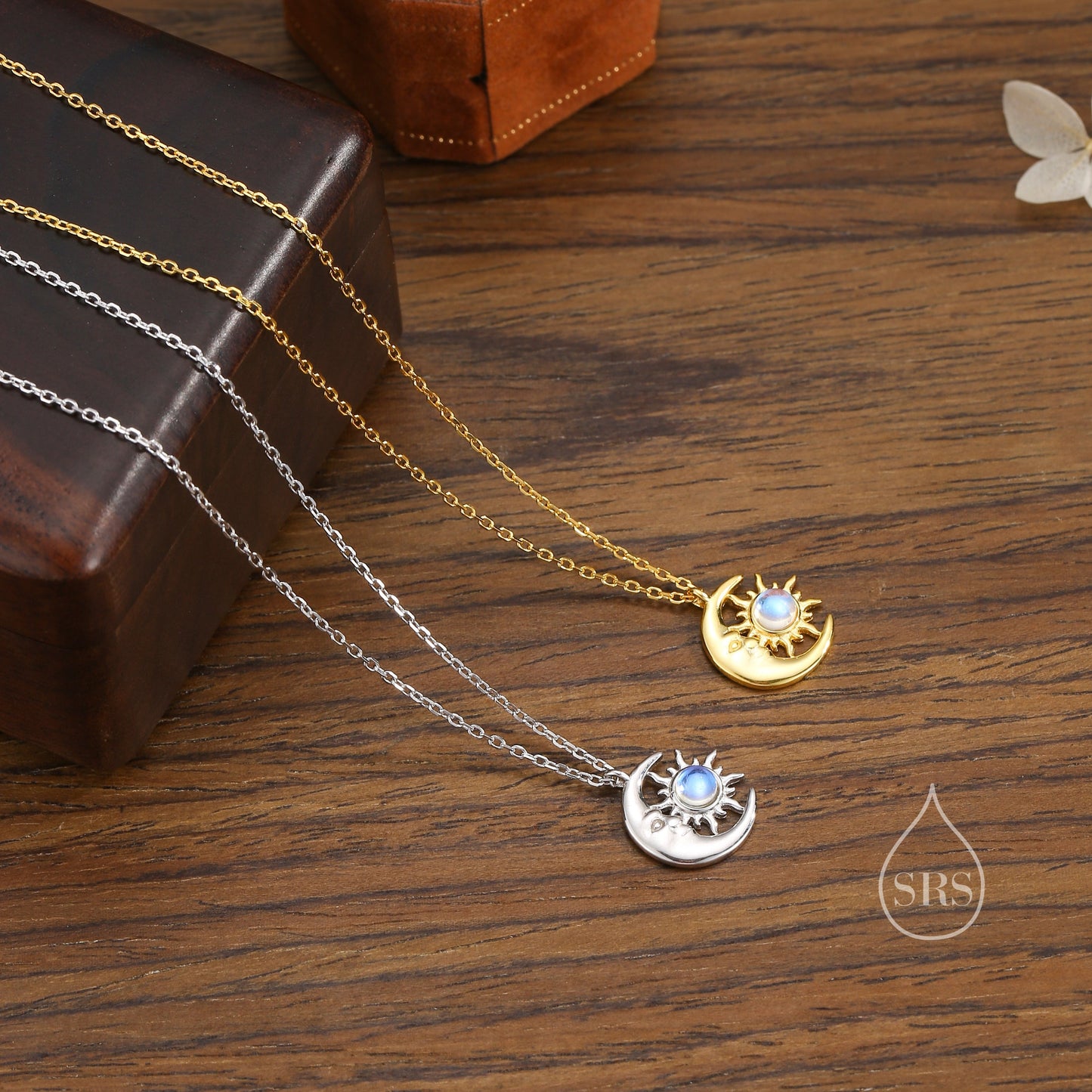 Moonstone Moon and Star Pendant Necklace in Sterling Silver, Silver or Gold, Man in the Moon, Moonstone Starburst, Moon and Sun, Moon Face