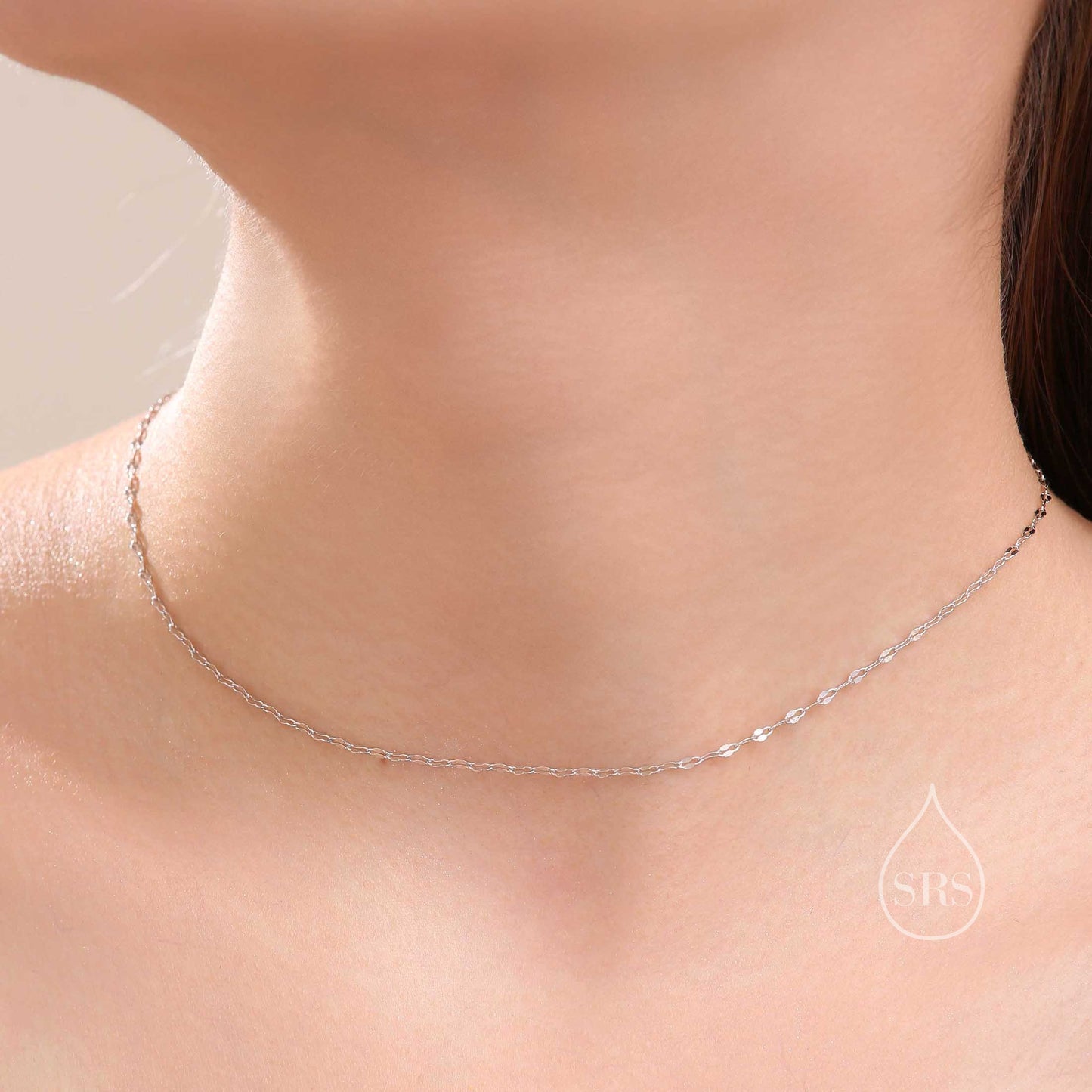 Minimalist Skinny Disk Chain Choker Necklace in Sterling Silver, Silver or Gold, Adjustable Length, Skinny and Delicate Collar Necklace