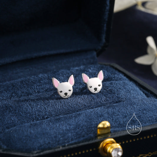 Tiny Chihuahua Dog Stud Earrings in Sterling Silver, Hand Painted Enamel, Sterling Silver Chihuahua Dog Earrings, Pet Earrings