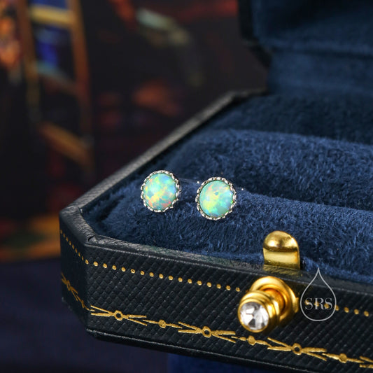 Sterling Silver 6mm Aqua Green Opal Stud Earrings, Tiny Lab Opal Earrings, Fire Opal, Opal Stud