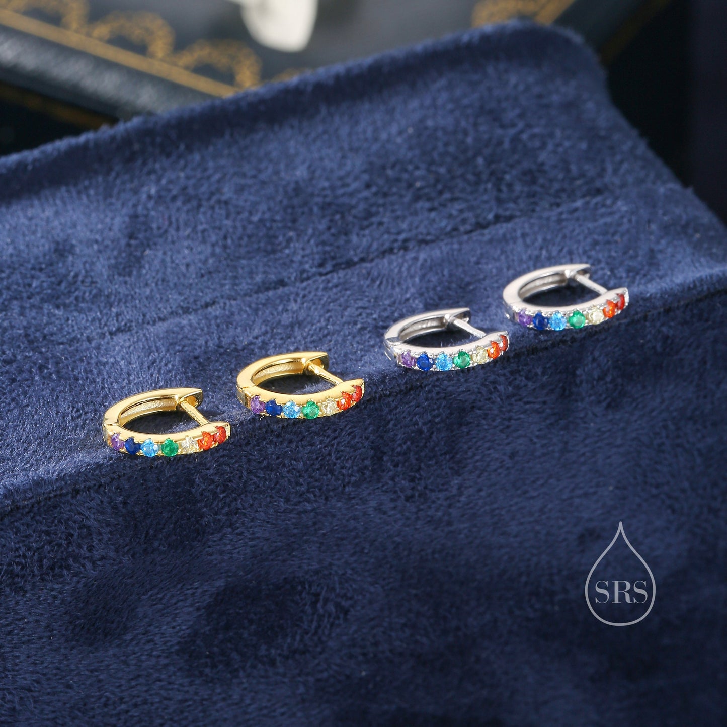 Rainbow CZ Huggie Hoops in Sterling Silver, Silver or Gold, Minimalist Hoop Earrings, 8mm Hoops, Gradient