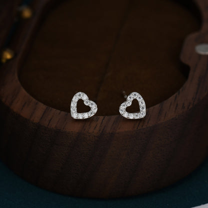 Tiny Open Heart Stud Earrings in Sterling Silver, Silver or Gold, CZ Heart Stud