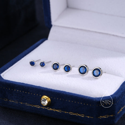 Sapphire Blue CZ Bezel Stud Earrings in Sterling Silver, Available in 3mm, 4mm, 5mm, Brilliant Cut CZ Earrings, Minimal CZ Stud