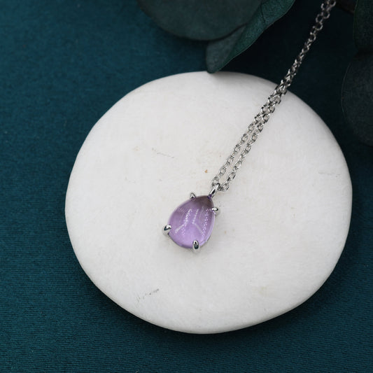 Genuine Lilac Amethyst Crystal Pear Necklace in Sterling Silver, Droplet Cabochon Natural Amethyst Necklace, February Birthstone