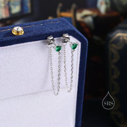 Emerald Green CZ and Chain Ear Jacket in Sterling Silver,  Silver or Gold, Front and Back Earrings, Two Part Earrings, Earring with Chain