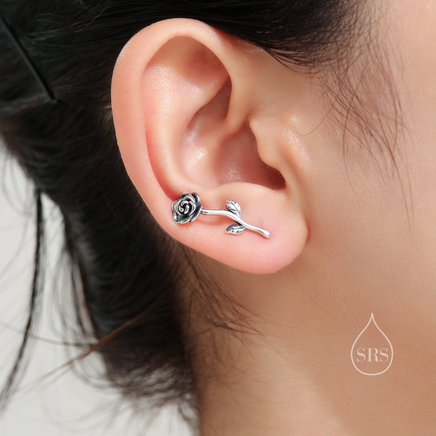 Rose Flower Crawler Earrings in Sterling Silver, Oxidised Silver or Two Tone, Nature Inspired Ear Climbers, Rose Earrings