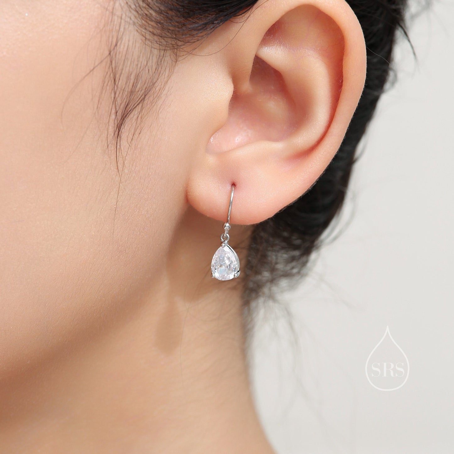 Pear Cut CZ Huggie Drop Earrings in Sterling Silver, Silver or Gold, Minimalist Droplet Dangle Earrings, Drop Earrings