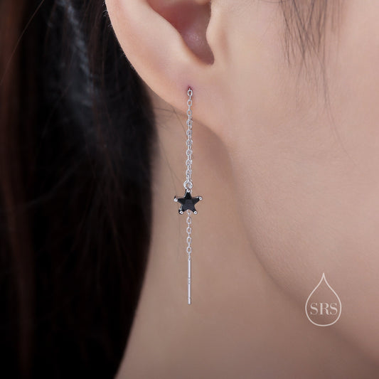 Black Star CZ Threader Earrings in Sterling Silver, Silver or Gold, Crystal Star Ear Threaders