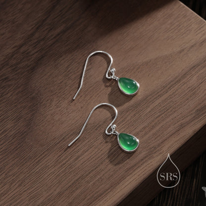 Genuine Green Onyx Droplet Drop Hook Earrings in Sterling Silver, Delicate Natural Green Onyx Earrings, Pear Shape Green Chalcedony Earrings