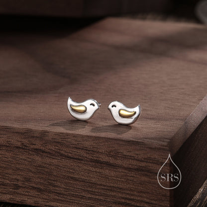 Little Wren Bird Stud Earrings in Sterling Silver- Gold and Silver Two Tone - Bird Earrings - Cute Animal, Fun, Whimsical and Pretty