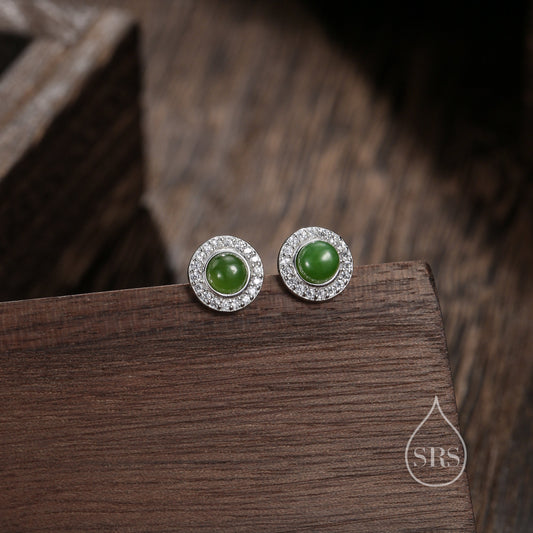 Genuine Jasper Jade CZ Halo Stud Earrings in Sterling Silver, Natural Jade Moonstone - Petite Jade Stud Earrings