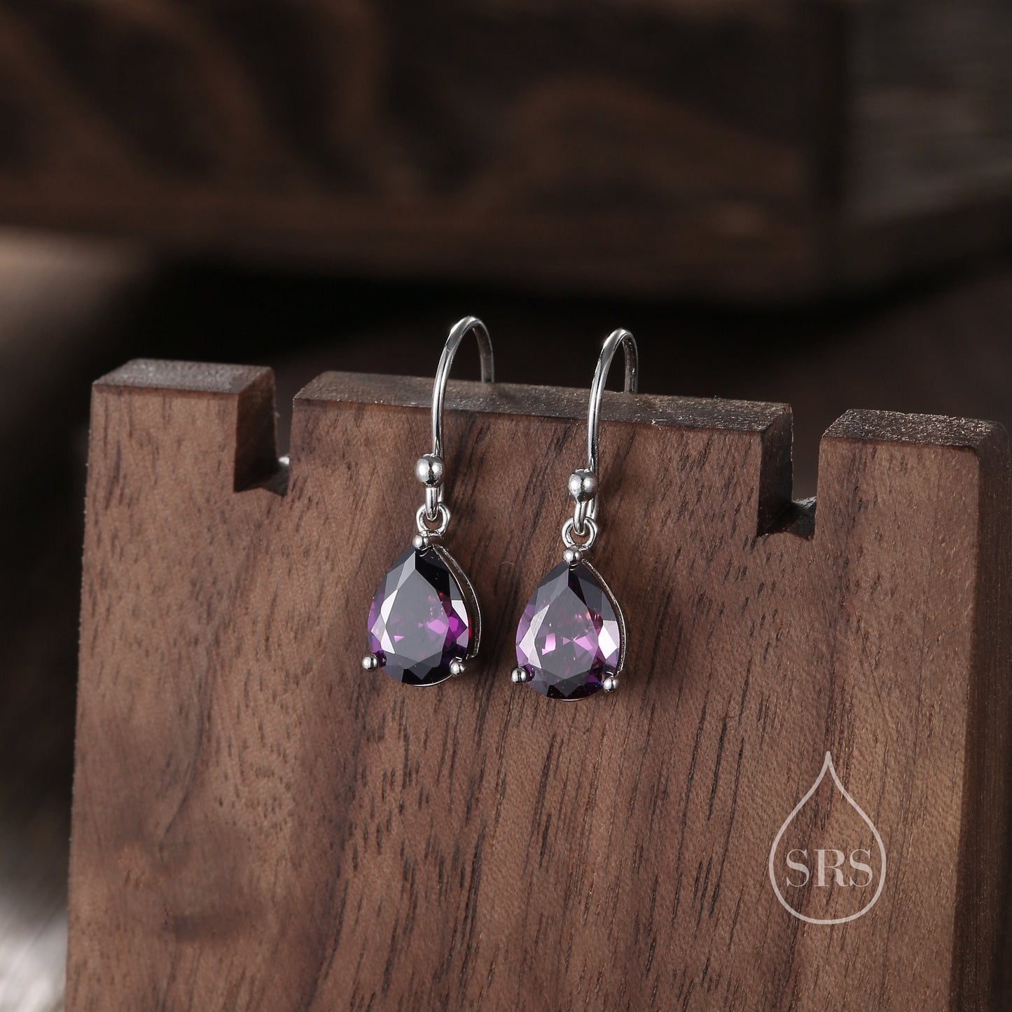 Dark Amethyst Purple Pear Cut CZ Drop Earrings in Sterling Silver, Silver or Gold, Dark Purple Droplet Dangle Earrings