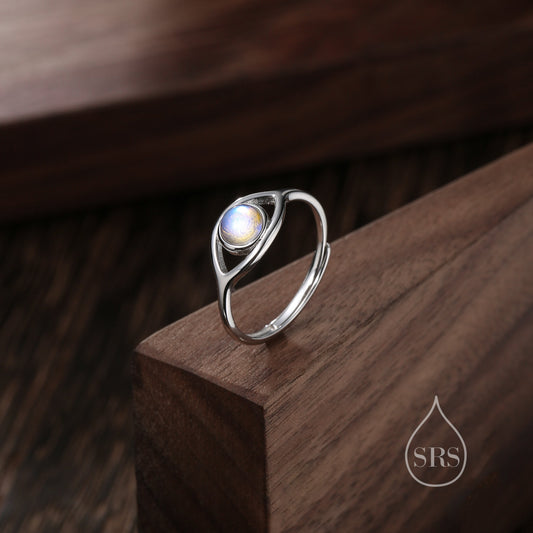 Sterling Silver Moonstone Eye Ring, Simulated Moonstone Evil Eye Ring, Adjustable Size