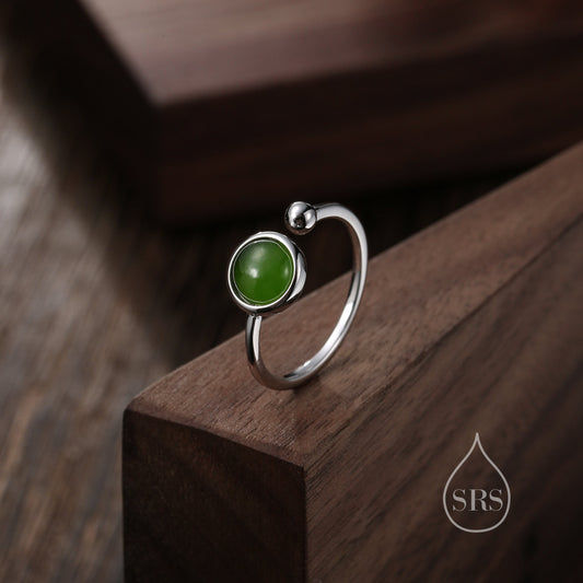 Natural Jasper Jade Open Ring in Sterling Silver, 6mm Stone, Bezel Set, Adjustable Size, Green Jade Ring