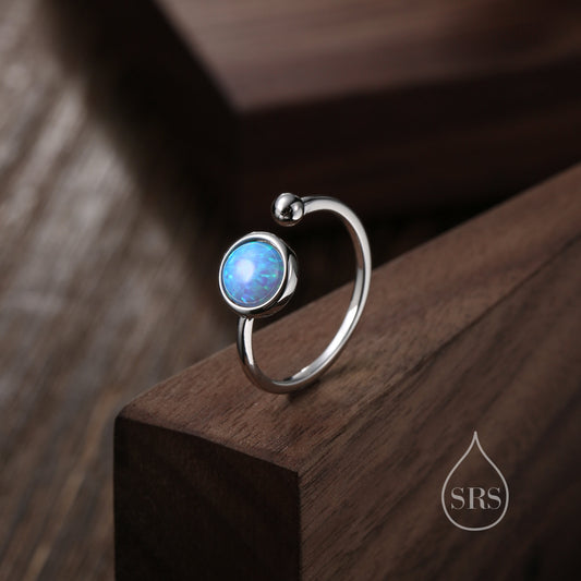 Blue Opal Open Ring in Sterling Silver, 6mm Lab Opal Stone, Bezel Set Simulated Blue Opal Ring, Adjustable Size