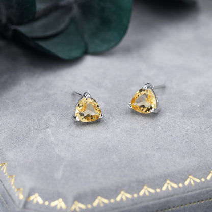 Genuine Yellow Citrine Crystal Stud Earrings in Sterling Silver, Silver or Gold, Trillion Cut 6mm Citrine Earrings
