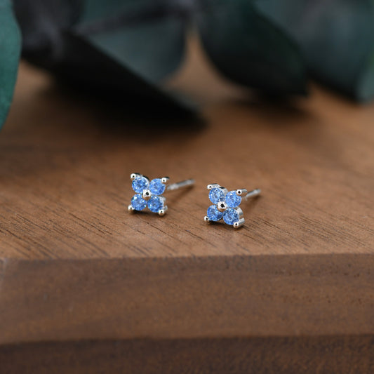 Aquamarine Blue CZ Flower Stud Earrings in Sterling Silver, Crystal Flower Earrings, Blue Hydrangea Four Crystal Stud Earrings, Four CZ