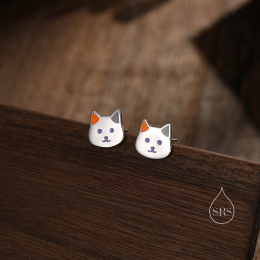 Sterling Silver Calico Cat Enamel Stud Earrings, Silver Cat Earrings, Black and White Cat Earrings, Tiny Cat Stud, Cute Kitty Stud Earrings