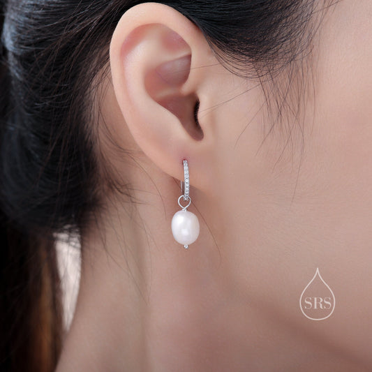 CZ Crystal Huggie Hoop Earrings in Sterling Silver with Detachable Pearl Charms, Genuine Freshwater Baroque Pearls, Real Pearls