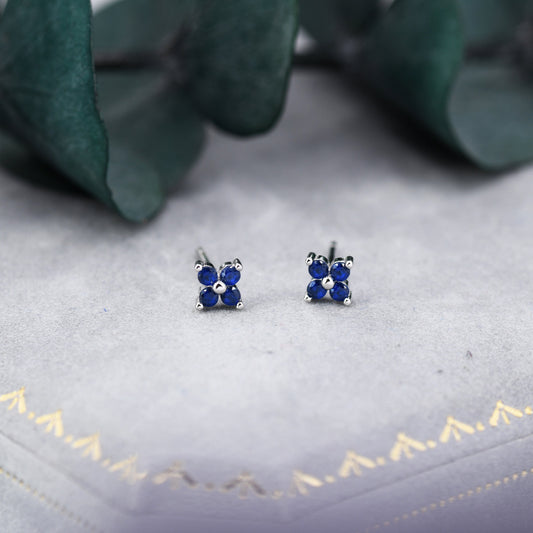 Sapphire Blue CZ Flower Stud Earrings in Sterling Silver, Crystal Flower Earrings, Blue Hydrangea Four Crystal Stud Earrings, Four CZ