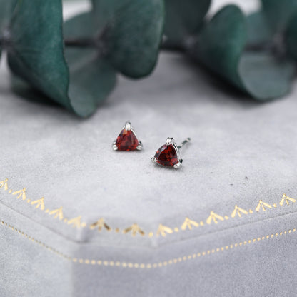 Genuine Garnet Stone Stud Earrings in Sterling Silver, Silver Trillion Cut Garnet Earrings, Double Pronged