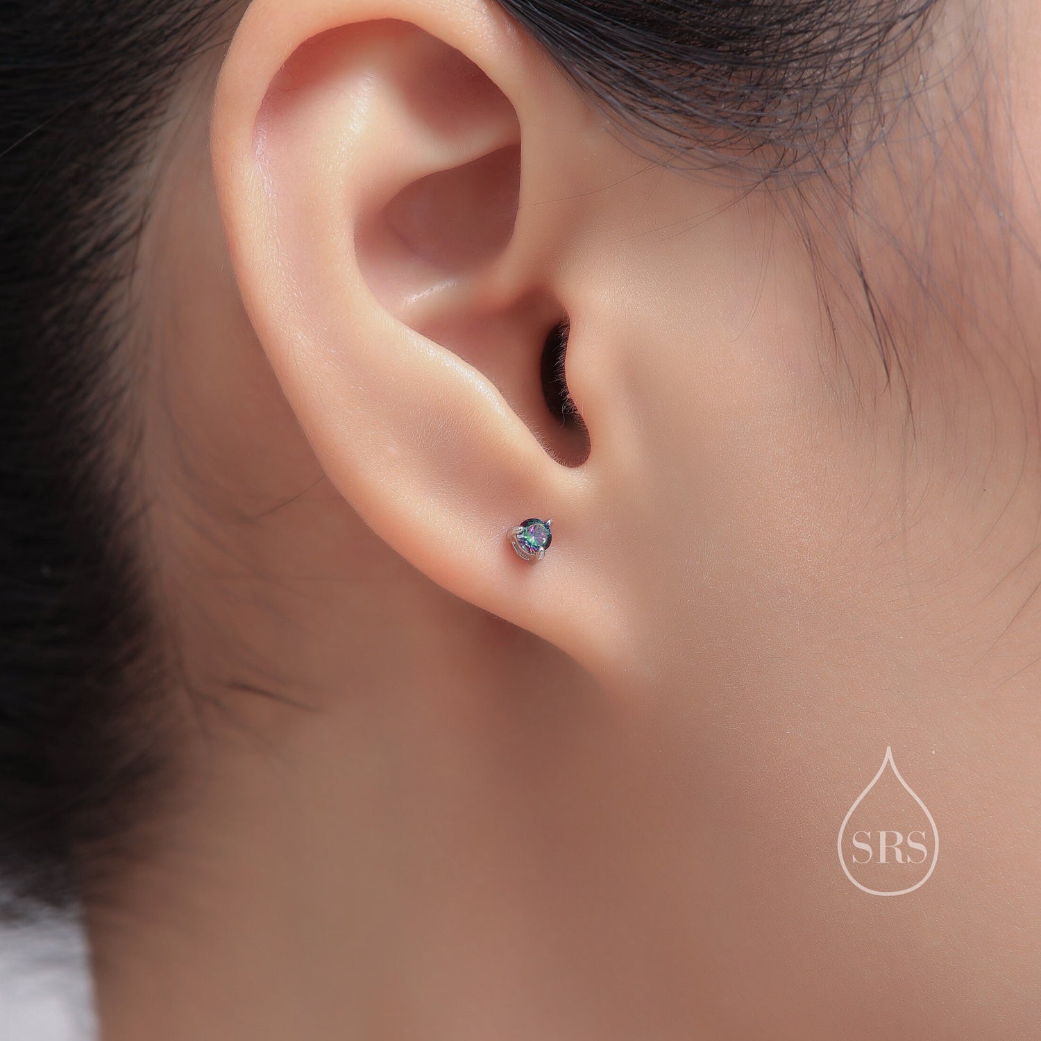 Sterling Silver 3mm Mystic Black Stud Earrings,  Pear Cut Aurora Black Earrings, Mystic Topaz Birthstone CZ Earrings
