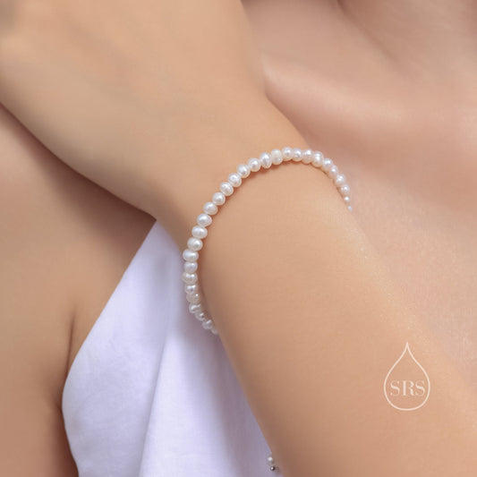 Sterling Silver Freshwater Pearl Bracelet, Irregular Shape, Silver or Gold, Genuine 4mm Fresh Water Pearls, Natural Pearl Bracelet