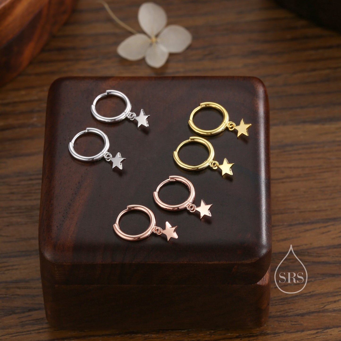 Pair of Star Huggie Hoop Earrings in Sterling Silver, Dangle Star Hoops, Celestial Earrings, Silver, Gold or Rose Gold