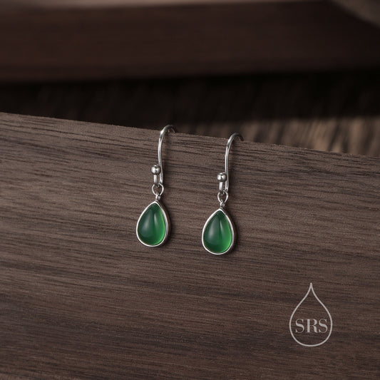 Genuine Green Onyx Droplet Drop Hook Earrings in Sterling Silver, Delicate Natural Green Onyx Earrings, Pear Shape Green Chalcedony Earrings
