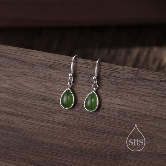 Genuine Jasper Jade Droplet Drop Hook Earrings in Sterling Silver, Delicate Natural Green Jade Earrings, Pear Shape Green Jade Earrings