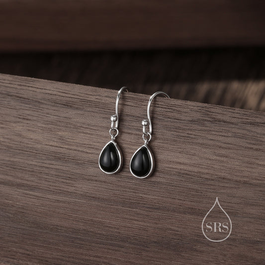 Genuine Black Onyx Droplet Drop Hook Earrings in Sterling Silver, Delicate Natural Black Onyx Earrings, Pear Shape Black Onyx Earrings