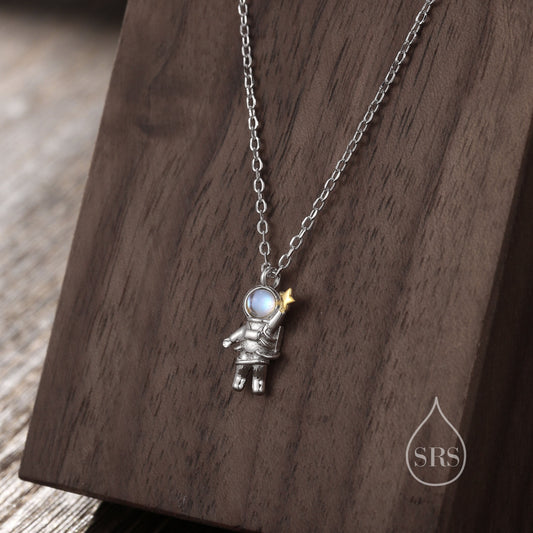 Astronaut Pendant Necklace in Sterling Silver with Lab Moonstone, Spaceman Holding Star Necklace, Space Planet Celestial Jewellery