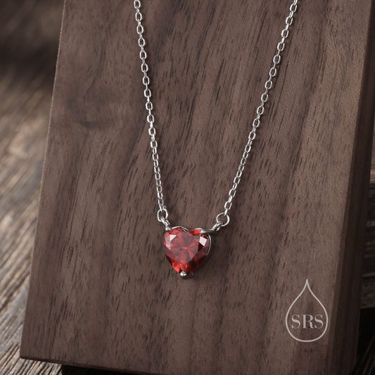 Garnet Red CZ Heart Pendant Necklace in Sterling Silver, Silver or Gold, Heart Necklace, Sparkly CZ Necklace, January Birthstone