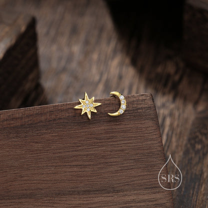 Asymmetric Moon and Starburst Stud Earrings, Silver, Gold or Rose Gold, Star Stud Earrings, Petite Celestial Earrings