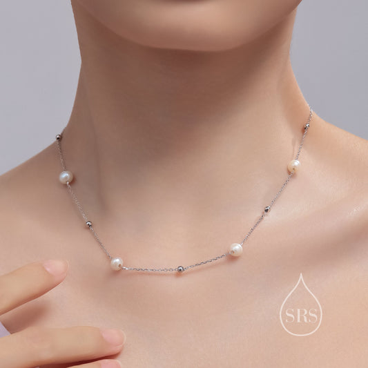 Genuine Pearl Choker Necklace in Sterling Silver, Silver or Gold , Genuine Freshwater Pearls, Natural Keshi Pearl, Satellite Beaded
