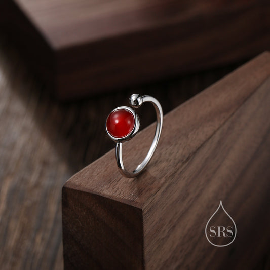 Natural Red Carnelian Open Ring in Sterling Silver, 6mm Red Onyx Stone, Bezel Set, Adjustable Size, Red Chalcedony Ring