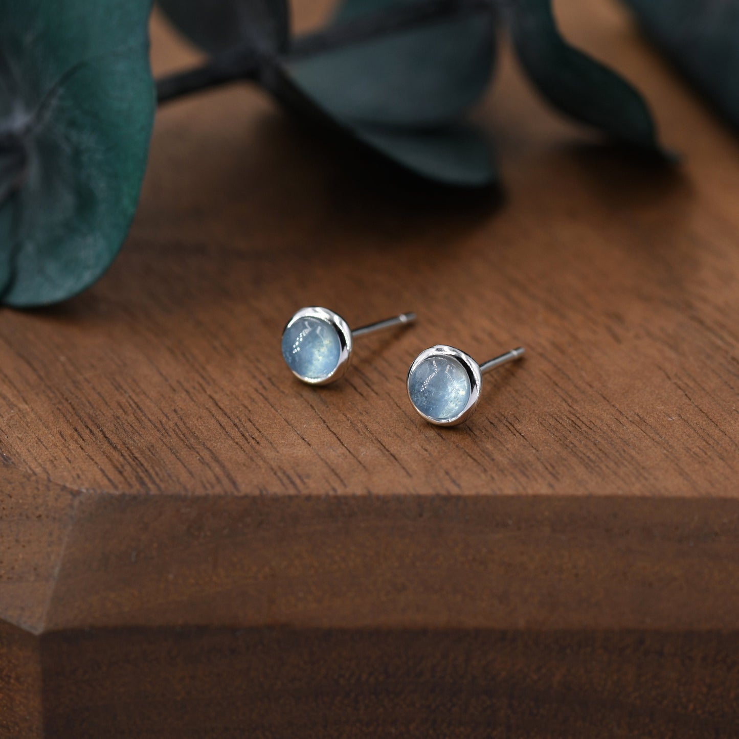 Sterling Silver Aquamarine Bezel Stud Earrings,  4mm Genuine Aquamarine Stone, Semi-precious Jewellery