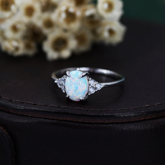 Oval Opal Ring in Sterling Silver, Opal and CZ Ring, Lab Opal Ring, US 6 - 8,  Delicate Opal Stone Ring,
